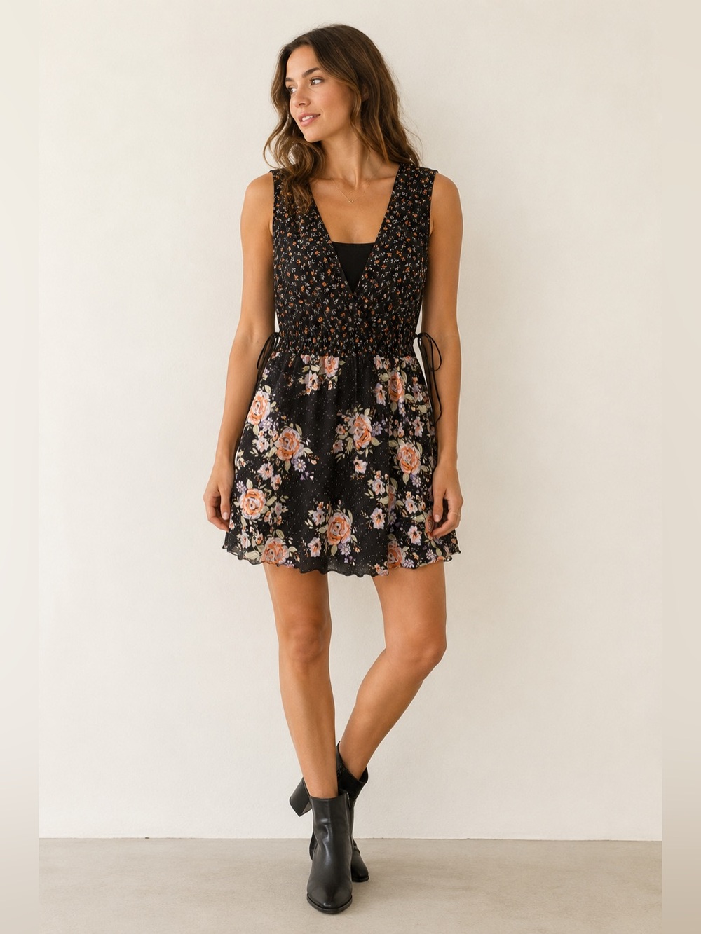 Pins & Needles Black Floral V-Neck Mini Dress